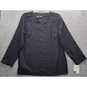 Rafaella Blouse Top Women Small Black 100% Linen Long Sleeve Cut V-Neck Pullover